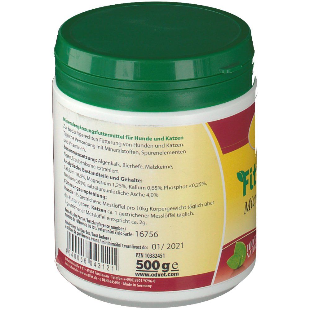 Produit rond blanc avec couvercle vert. Inscription : cdVet Fit-BARF MicroMineral. Étiquette avec ingrédients et date de péremption.