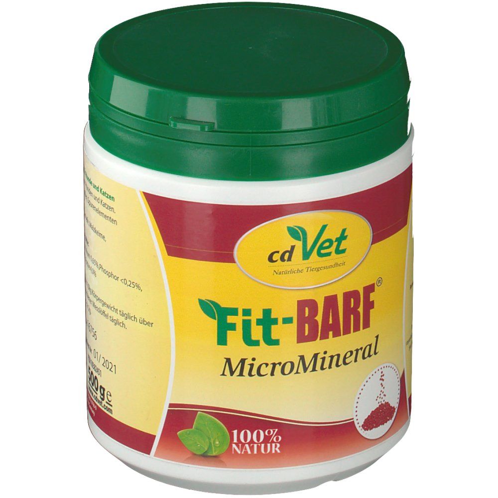 Produit rond blanc avec couvercle vert. Inscription : cdVet Fit-BARF MicroMineral. Étiquette jaune avec feuilles vertes et cercle rouge.