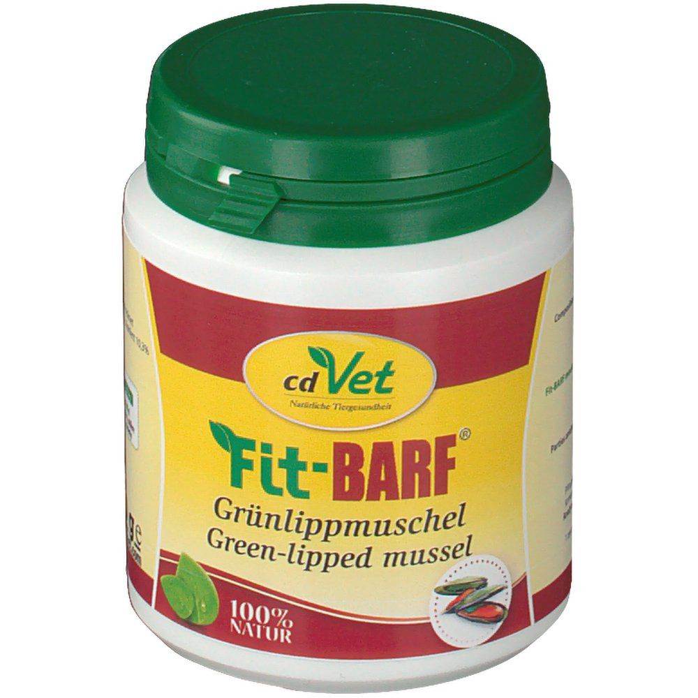Récipient blanc avec couvercle vert. Inscription : Fit-BARF Grünlippmuschel. Étiquette jaune et rouge avec logo.