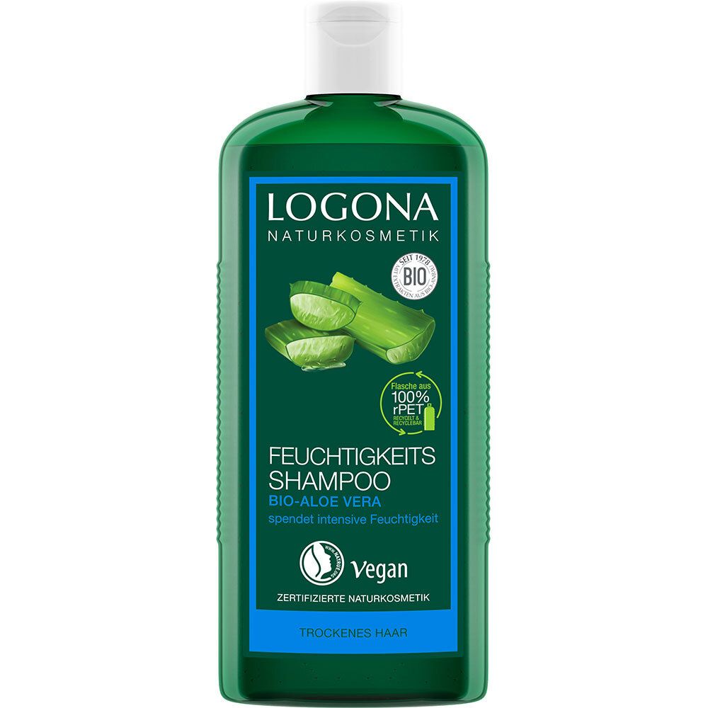 Flacon vert avec bouchon blanc. Inscription: LOGONA Naturkosmetik, Shampooing hydratant Bio-Aloe Vera. Label Vegan.