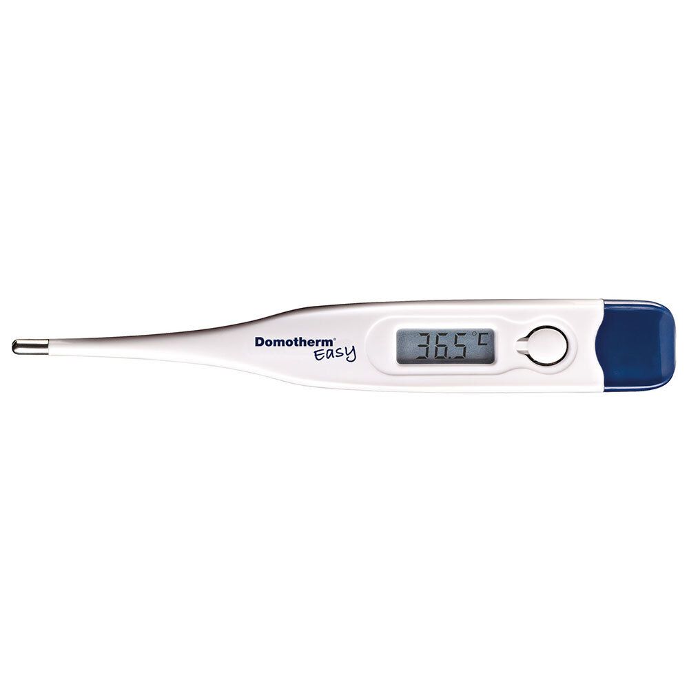 Thermomètre numérique blanc et bleu. Affichage LCD de la température. Marque : Domotherm Easy.