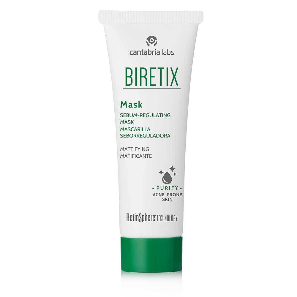 Tube BIRETIX Mask. Bouchon vert. Texte: Sebum-Regulating Mask, Mattifying. Pour peau à problèmes.