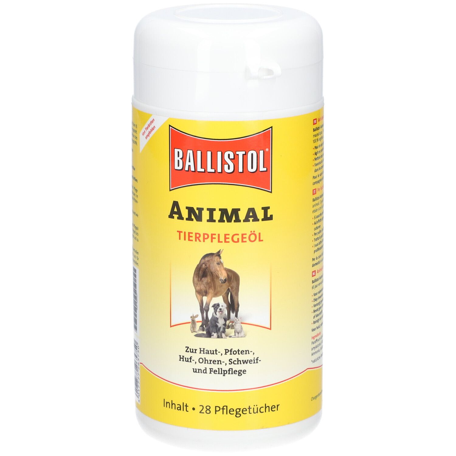 Boîte blanche avec étiquette jaune. Inscription: BALLISTOL ANIMAL Tierpflegeöl. Illustration: cheval et chiens. Contenu: 28 lingettes.