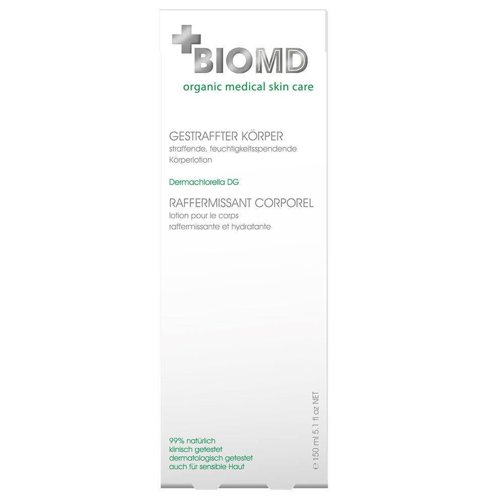 Emballage de crème BIOMD. Blanc, logo et texte verts. "Gestraffter Körper" et autres informations sur le produit.