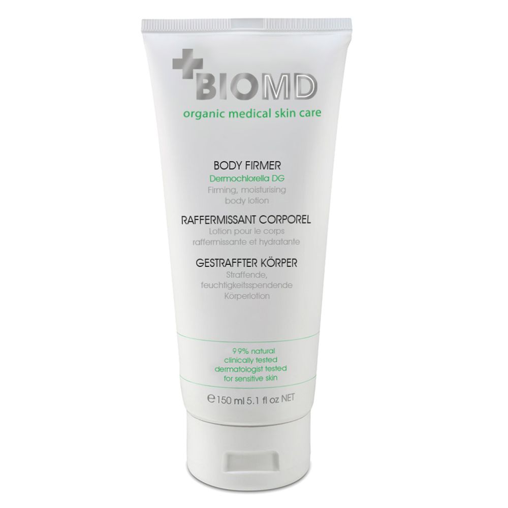 Tube de crème BIOMD. Blanc, logo et texte verts. "Gestraffter Körper" et autres informations sur le produit.