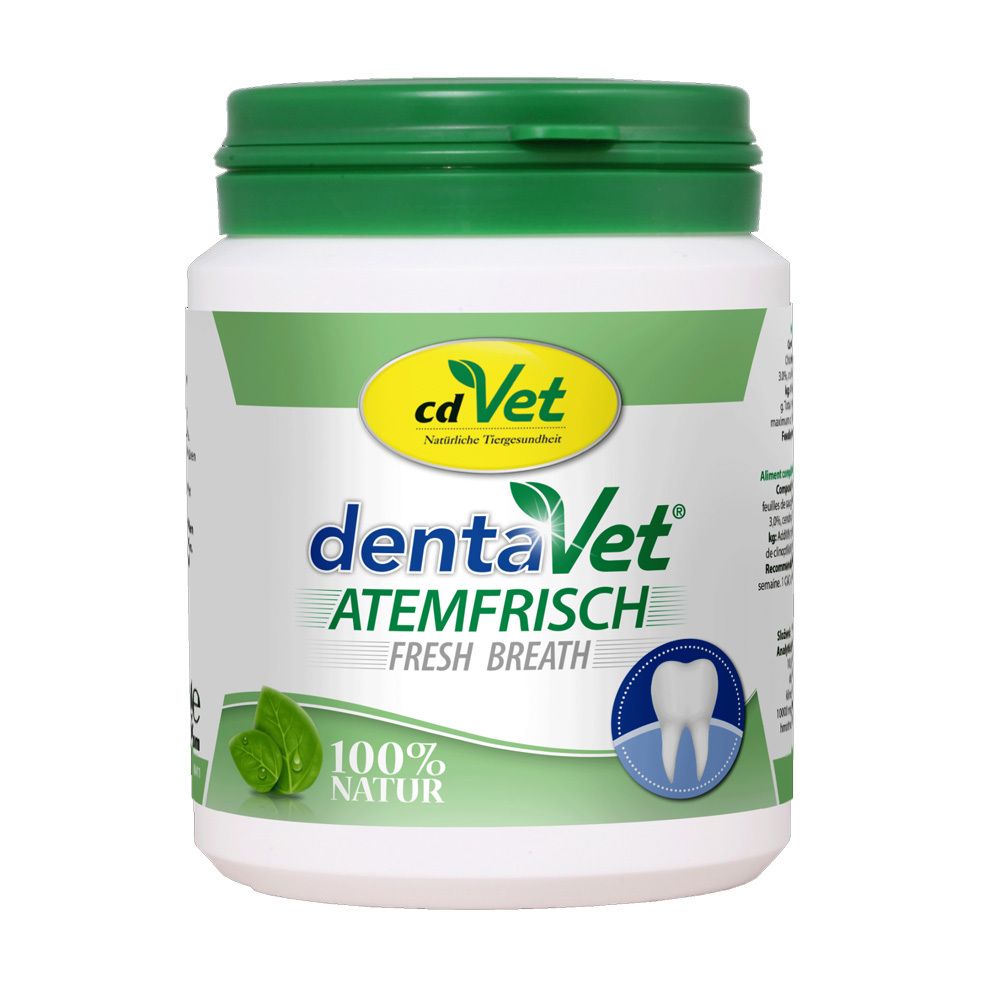 Boîte blanche avec couvercle vert. Inscription: cd Vet dentaVet Atemfrisch. Logo avec dent et feuilles de menthe.
