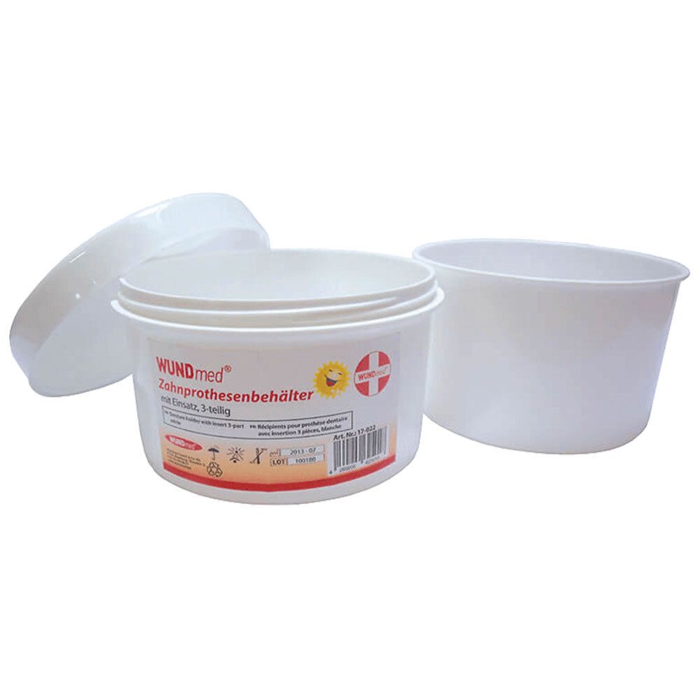 Récipient blanc pour prothèses dentaires avec couvercle. Inscription : WUNDmed Zahnprothesenbehälter. Récipient rond, couvercle à côté.