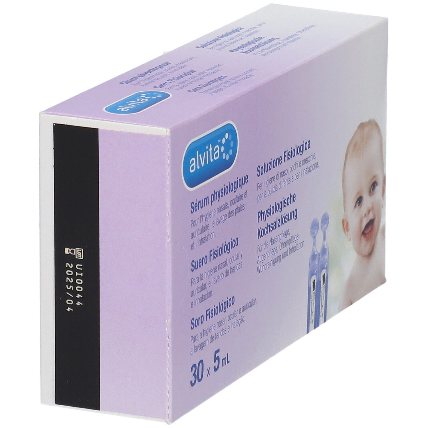 Boîte "alvita" avec texte. Contient des ampoules de solution saline physiologique. Illustration d'un bébé.