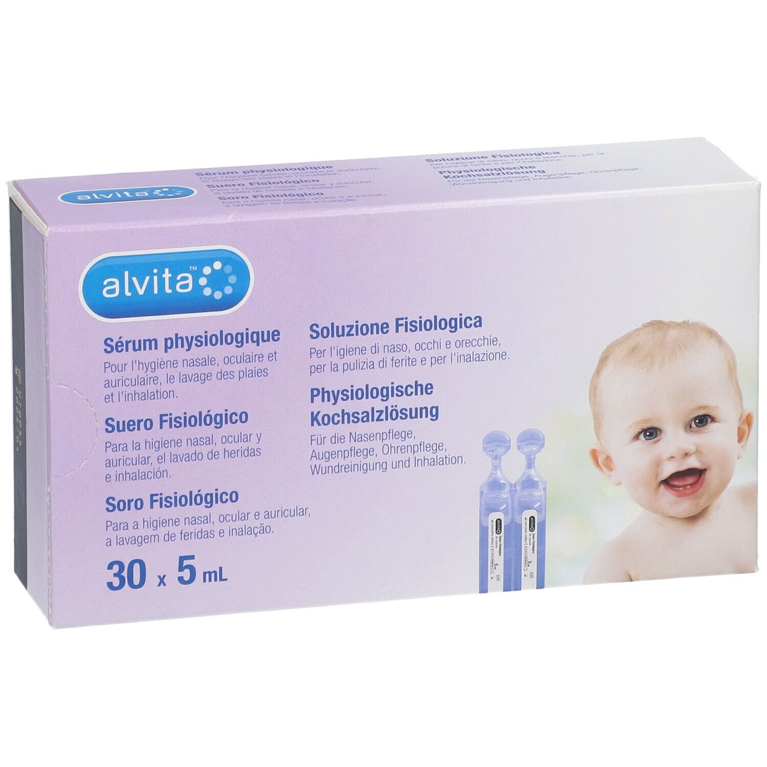 Boîte "alvita" avec texte. Contient des ampoules de solution saline physiologique. Illustration d'un bébé.