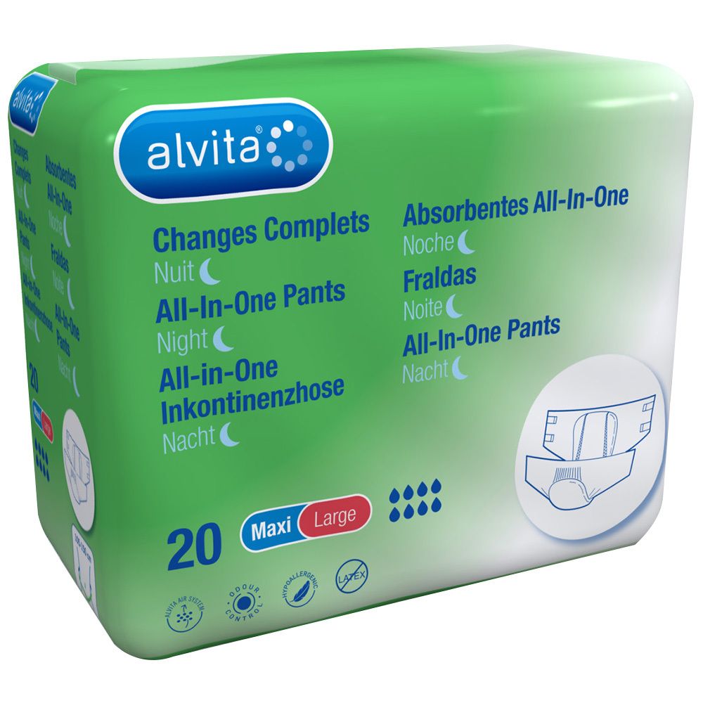 Emballage de alvita® All-in-One Inkontinenzhosen Maxi Large Nacht. Vert et blanc, avec image du produit et 20 unités.