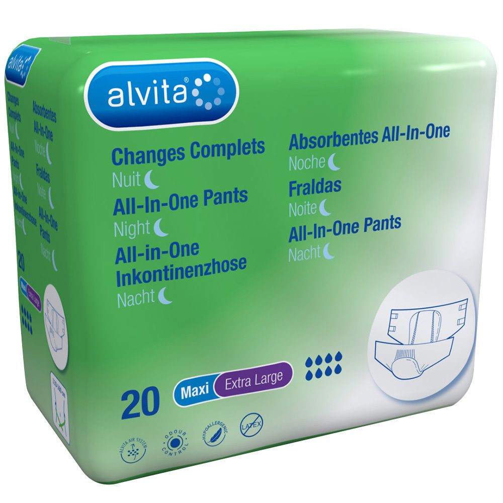 Paquet de 'alvita' All-in-One Pants Maxi Extra Large Nuit. 20 unités. Vert et blanc. Illustration du produit.