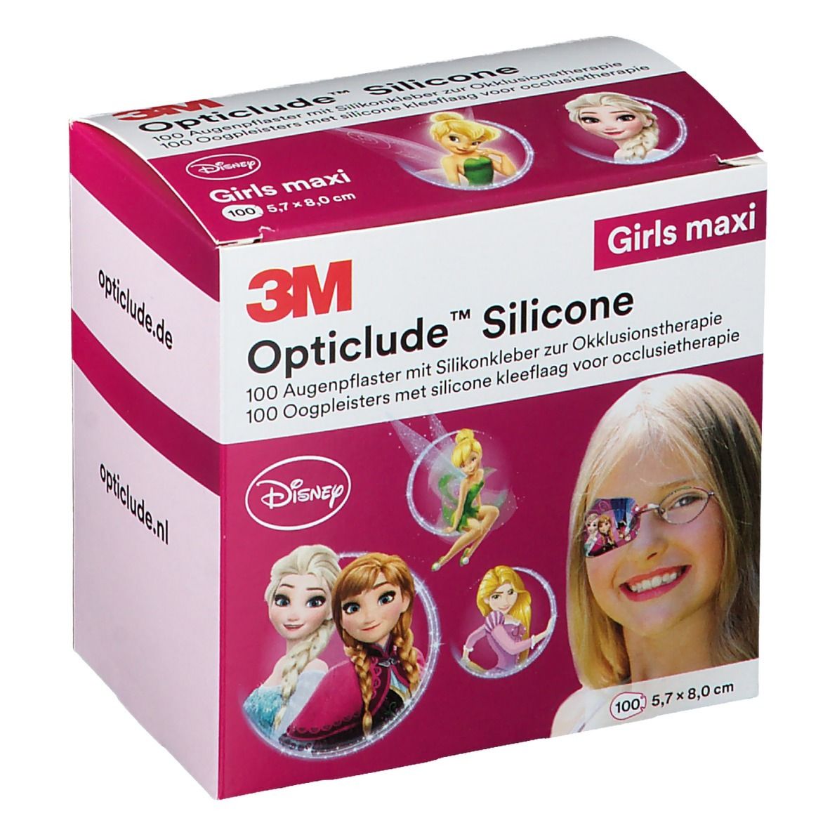 Boîte de pansements oculaires 3M Opticlude Silicone. Design Disney pour filles, taille 5,7 x 8,0 cm. Contient 100 pansements.