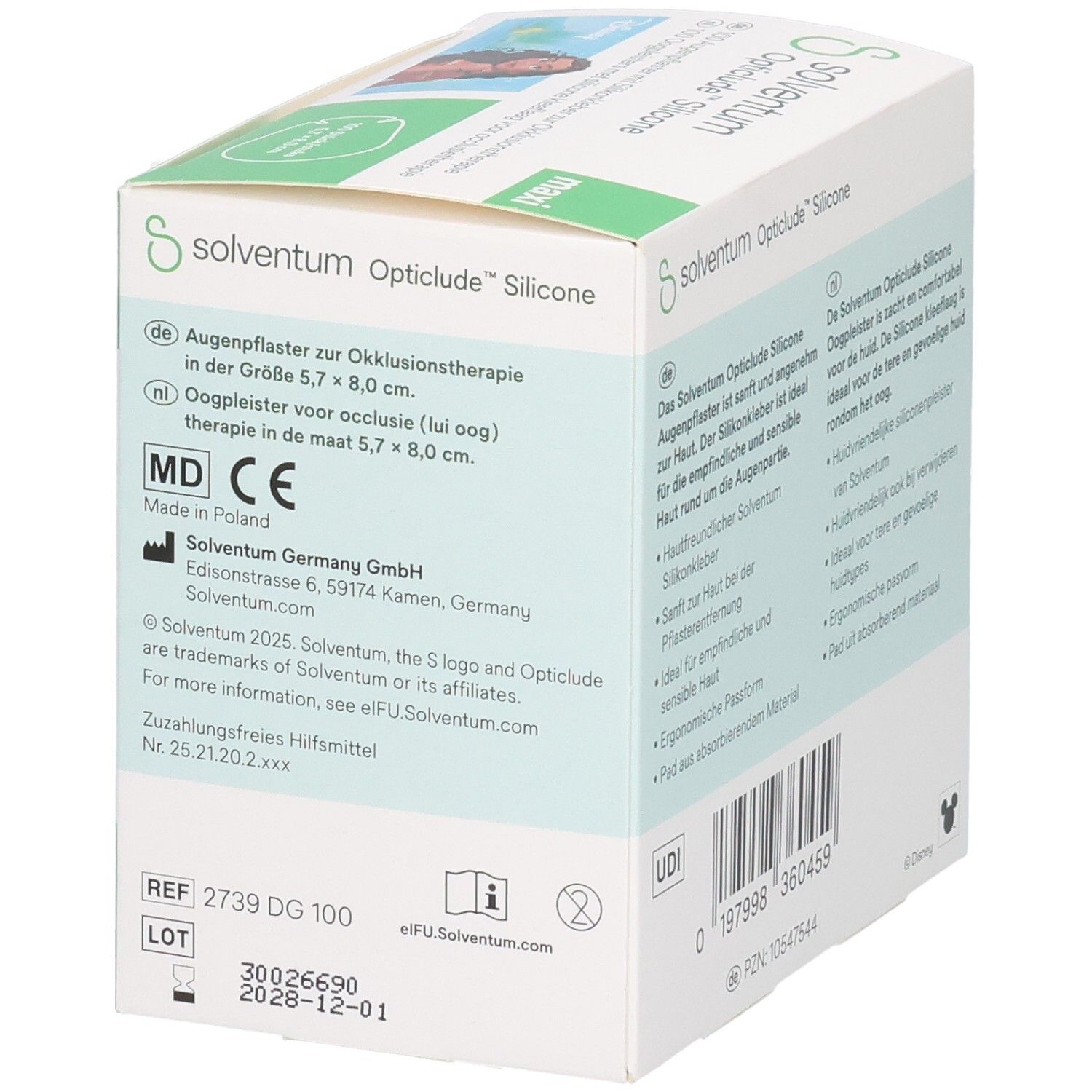 Vue latérale de la boîte de pansements oculaires 3M Opticlude Silicone. Nom du produit et coordonnées.