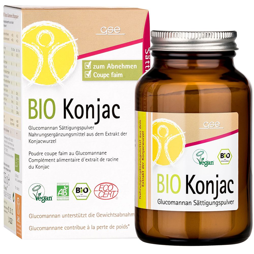 Flacon en verre brun avec couvercle blanc. Inscription BIO Konjac, label Vegan et logo EcoCert. Complément alimentaire.