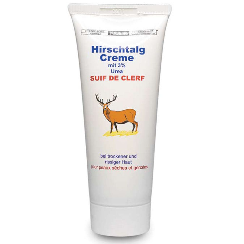 Tube blanche avec nom du produit et illustration de cerf. Texte: "Hirschtalg Creme mit 3% Urea".