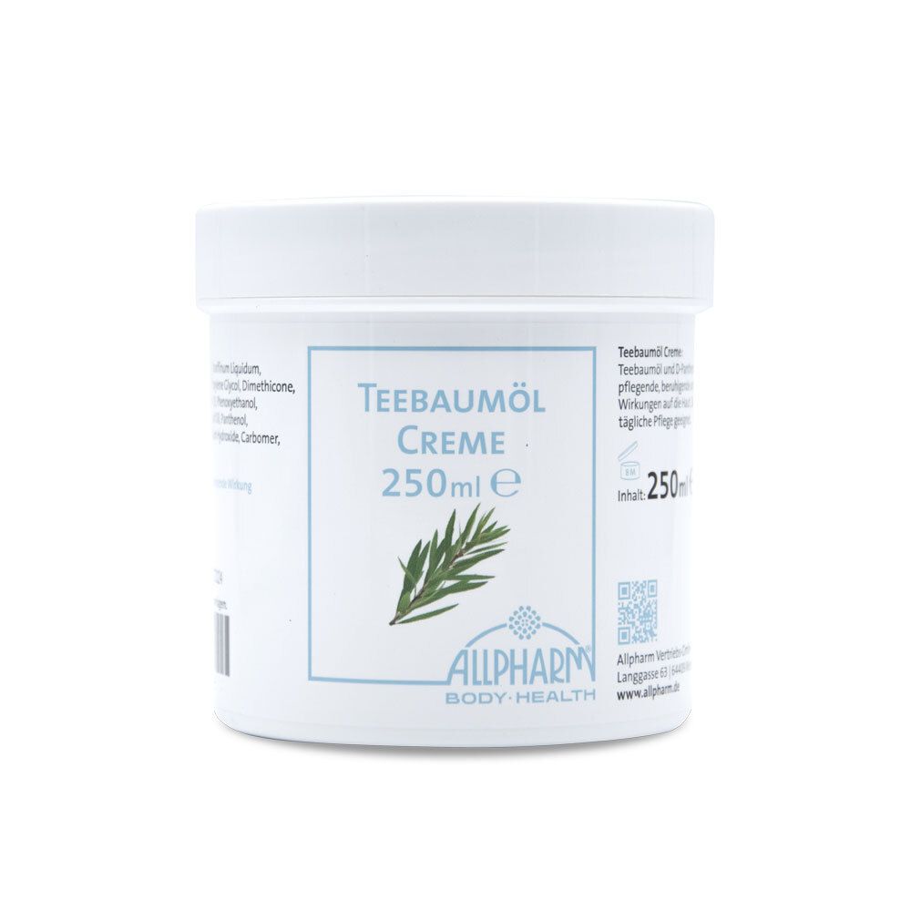 Pot blanc avec étiquette bleue. Inscription : Teebaumöl Creme, 250ml. Logo : ALLPHARM BODY-HEALTH. Code QR.