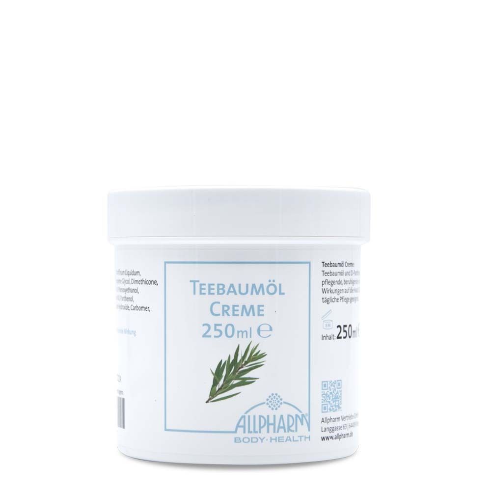 Pot blanc avec étiquette bleue. Inscription : Teebaumöl Creme, 250ml. Logo : ALLPHARM BODY-HEALTH. Code QR.