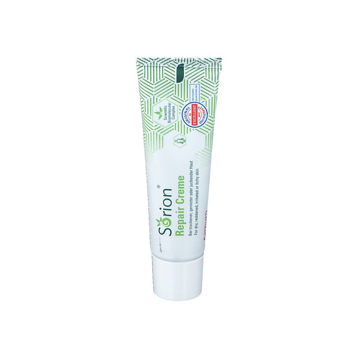 Tube de crème avec bouchon blanc. Inscription : Sorion Repair Creme. Emballage vert et blanc avec certifications.