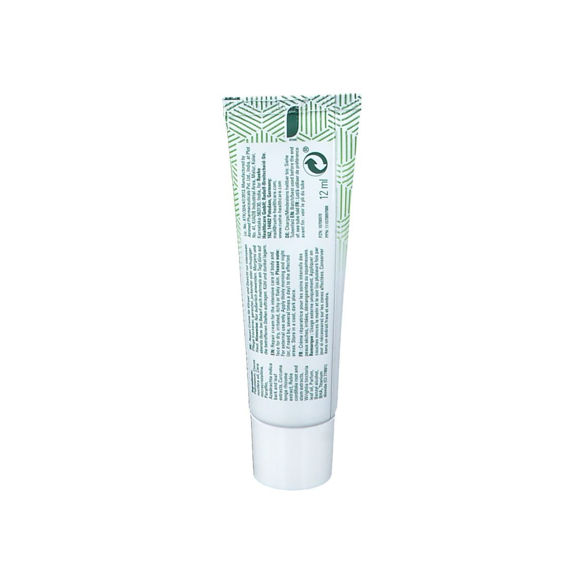 Dos du tube de crème. Texte en plusieurs langues. Emballage vert et blanc. 12 ml.