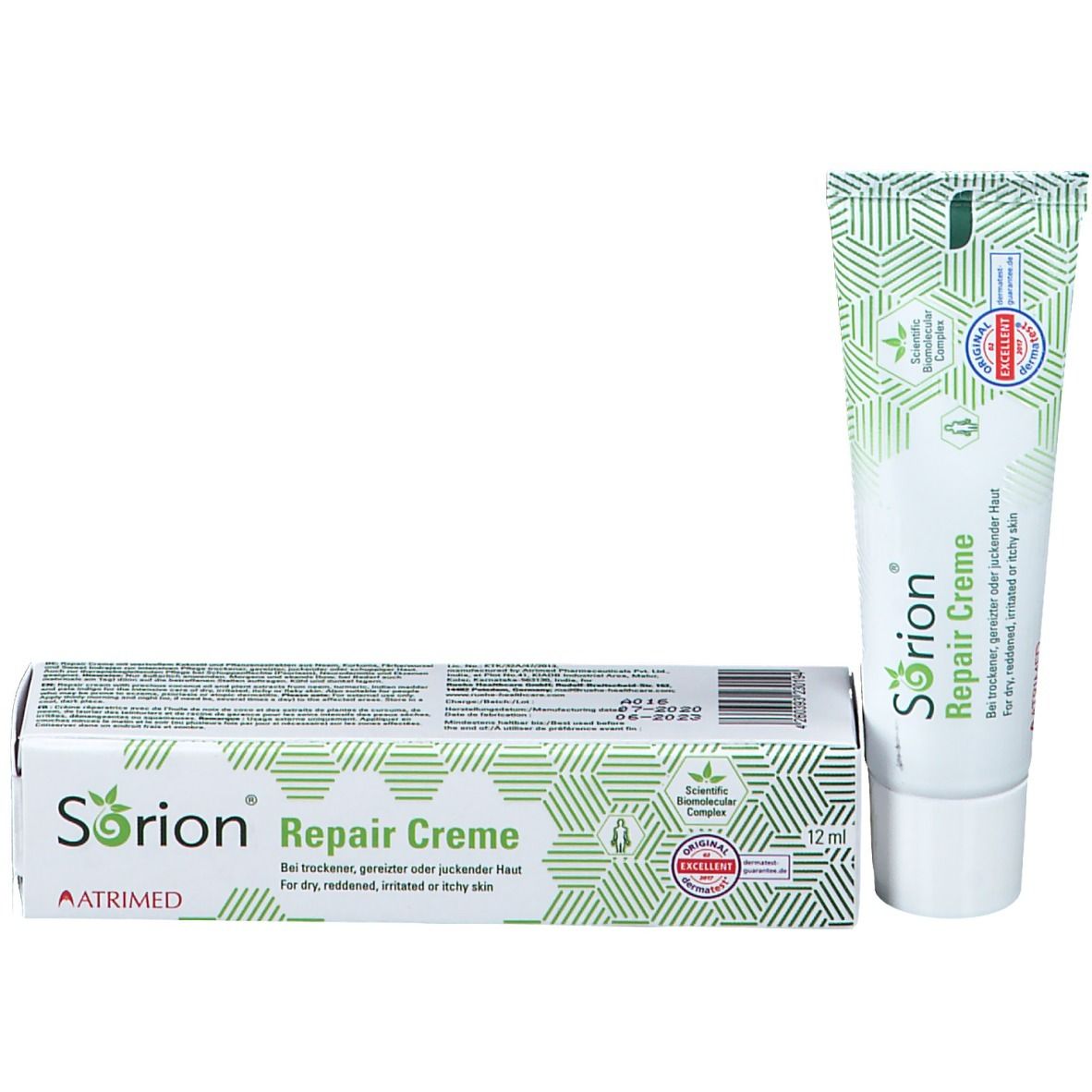 Tube de crème et boîte. Inscription : Sorion Repair Creme. Emballage vert et blanc. 12 ml.