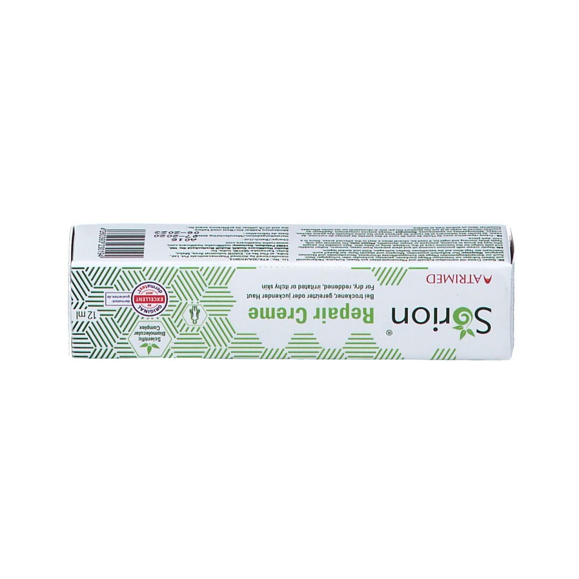 Dessus de la boîte. Inscription : Sorion Repair Creme. Emballage vert et blanc. 12 ml.