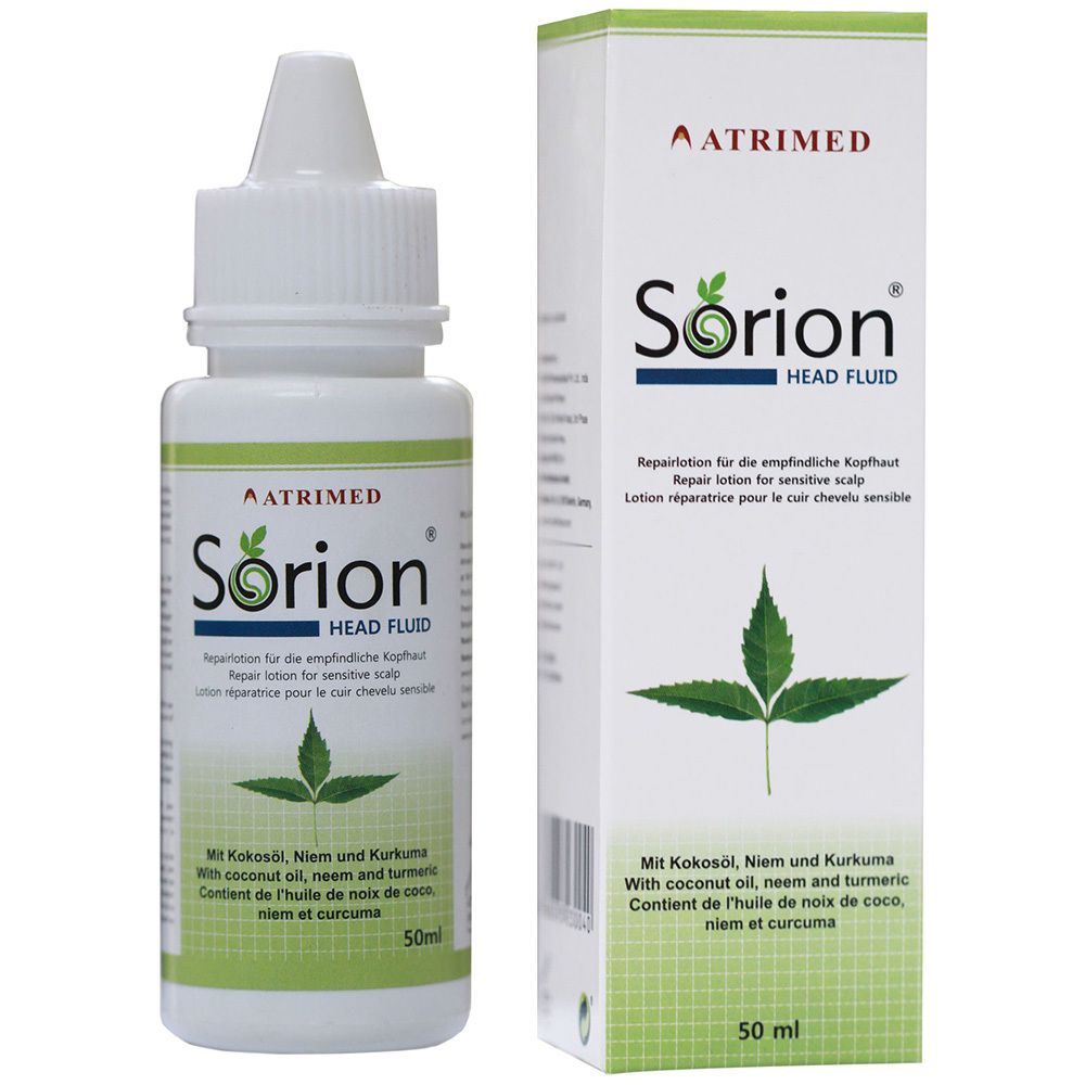 Flacon et boîte Sorion Head Fluid. Blanc, avec des accents verts. Texte: Lotion réparatrice pour cuir chevelu sensible.