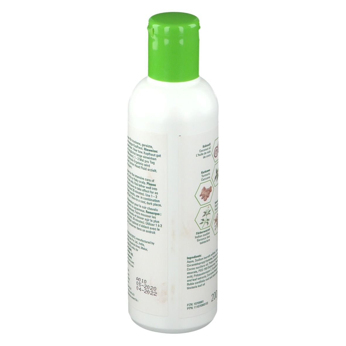 Vue latérale de la bouteille Sorion Repair Shampoo avec ingrédients détaillés et sceaux.