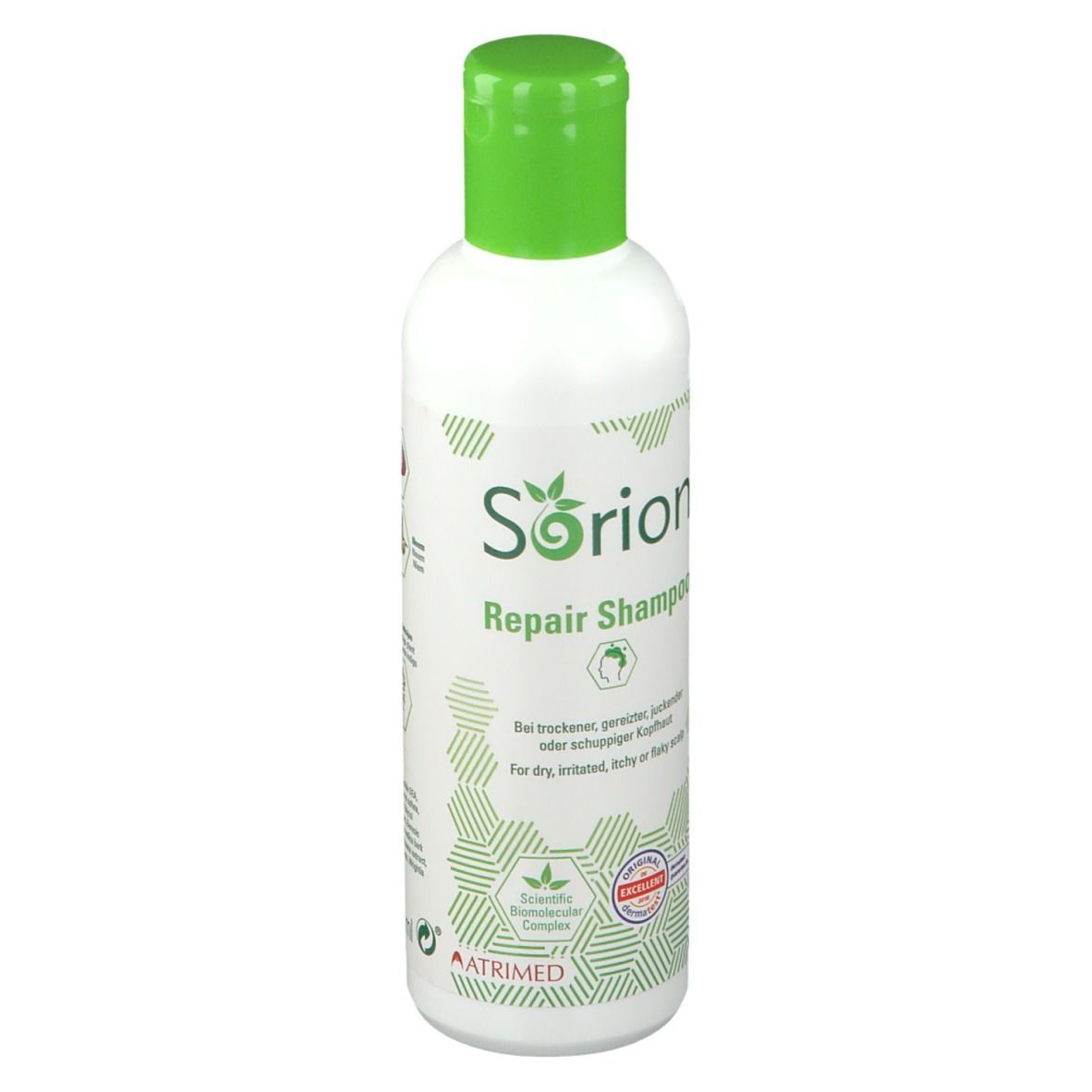 Bouteille de Sorion Repair Shampoo avec bouchon à rabat vert. Étiquetage en allemand et anglais.