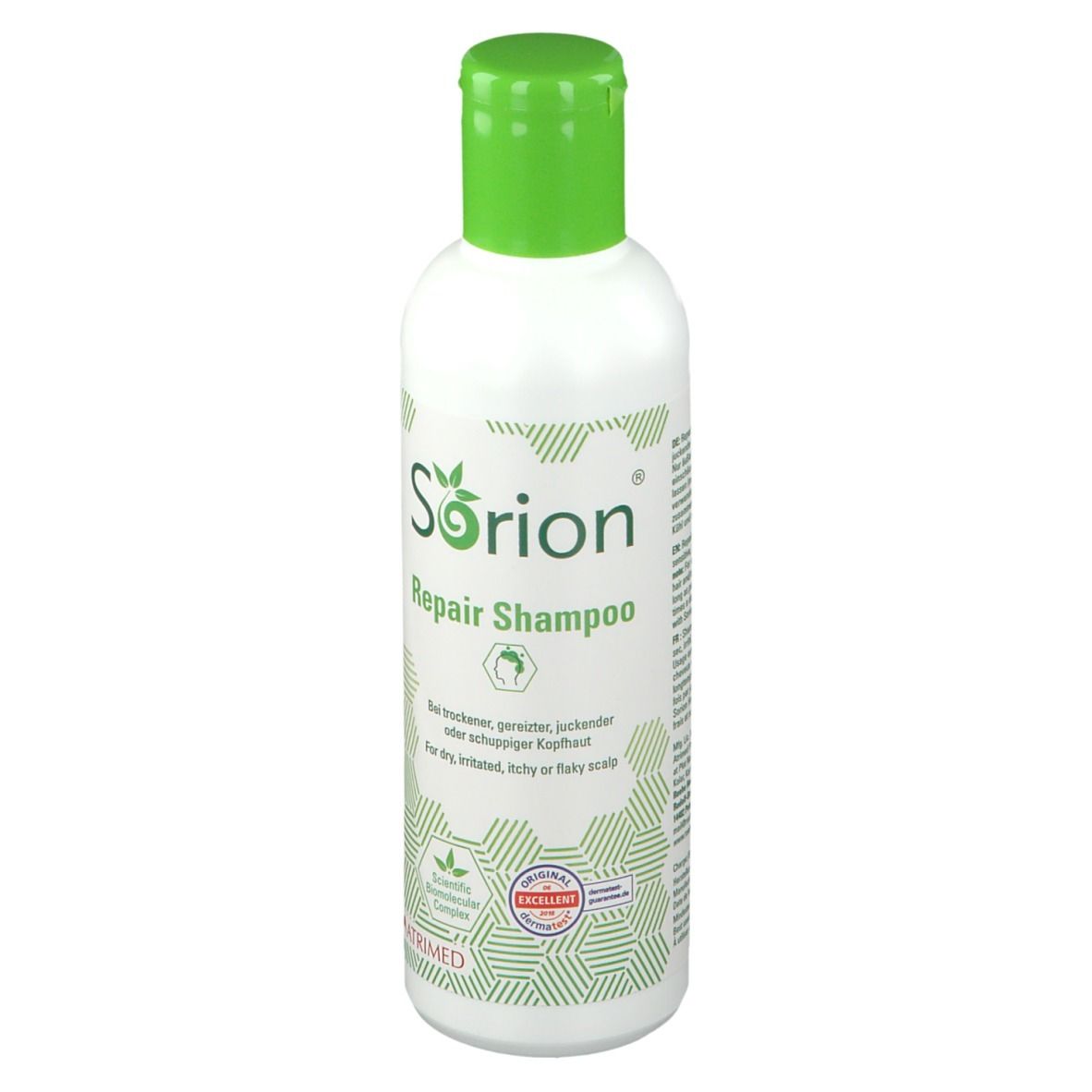 Bouteille de Sorion Repair Shampoo avec bouchon à rabat vert. Étiquetage en allemand et anglais.
