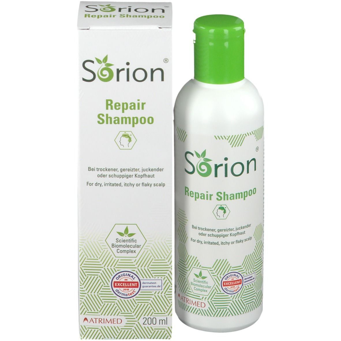 Bouteille et boîte Sorion Repair Shampoo côte à côte. Étiquetage en allemand et anglais.