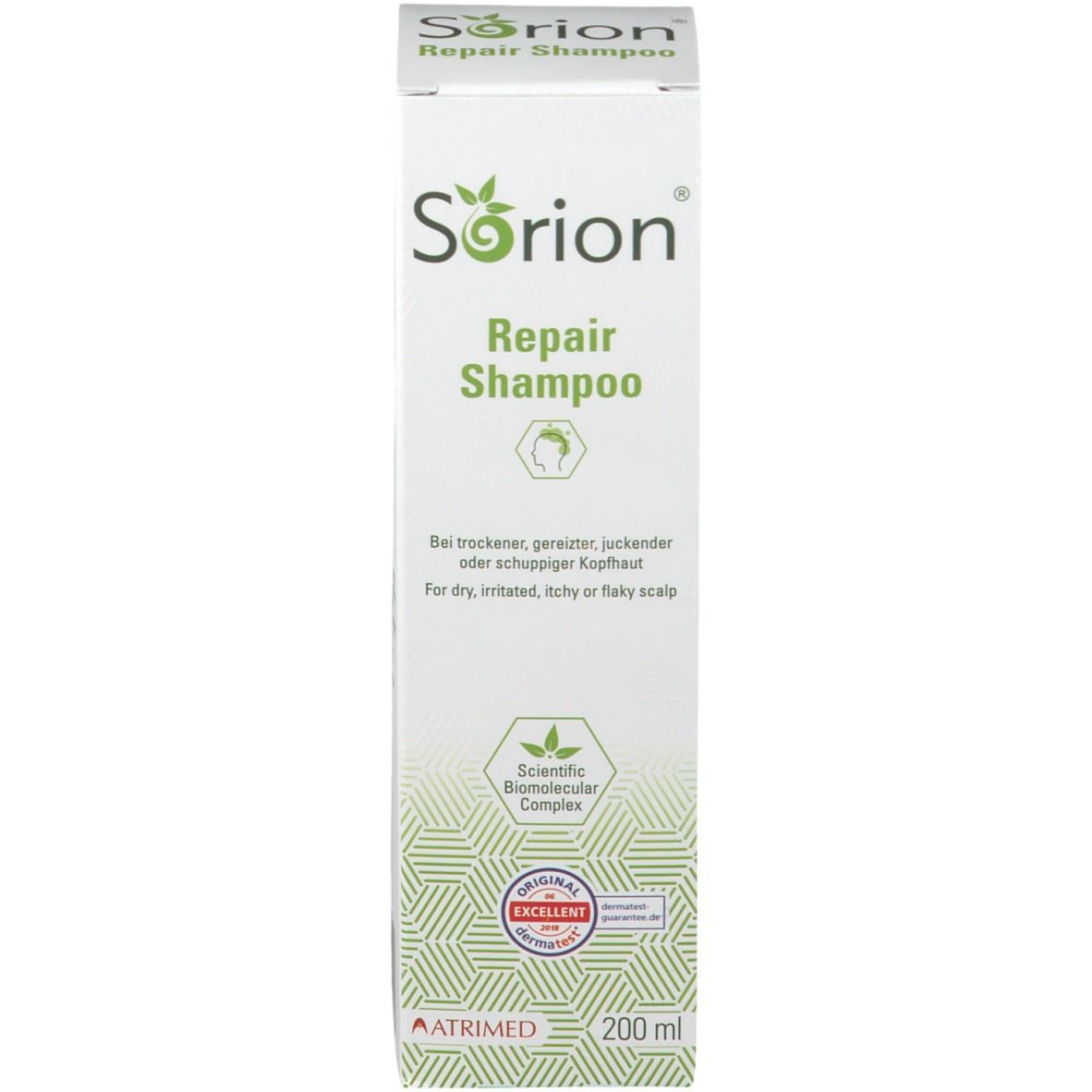 Emballage carton de Sorion Repair Shampoo avec informations détaillées sur le produit et sceaux.