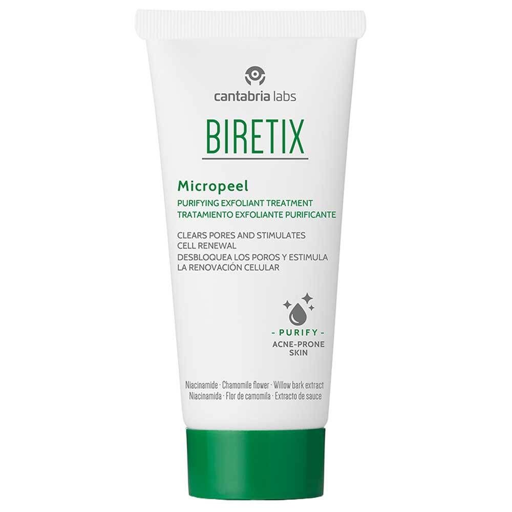 Tube de BIRETIX Micropeel. Blanc, bouchon vert. Contient des informations sur le produit et le logo.