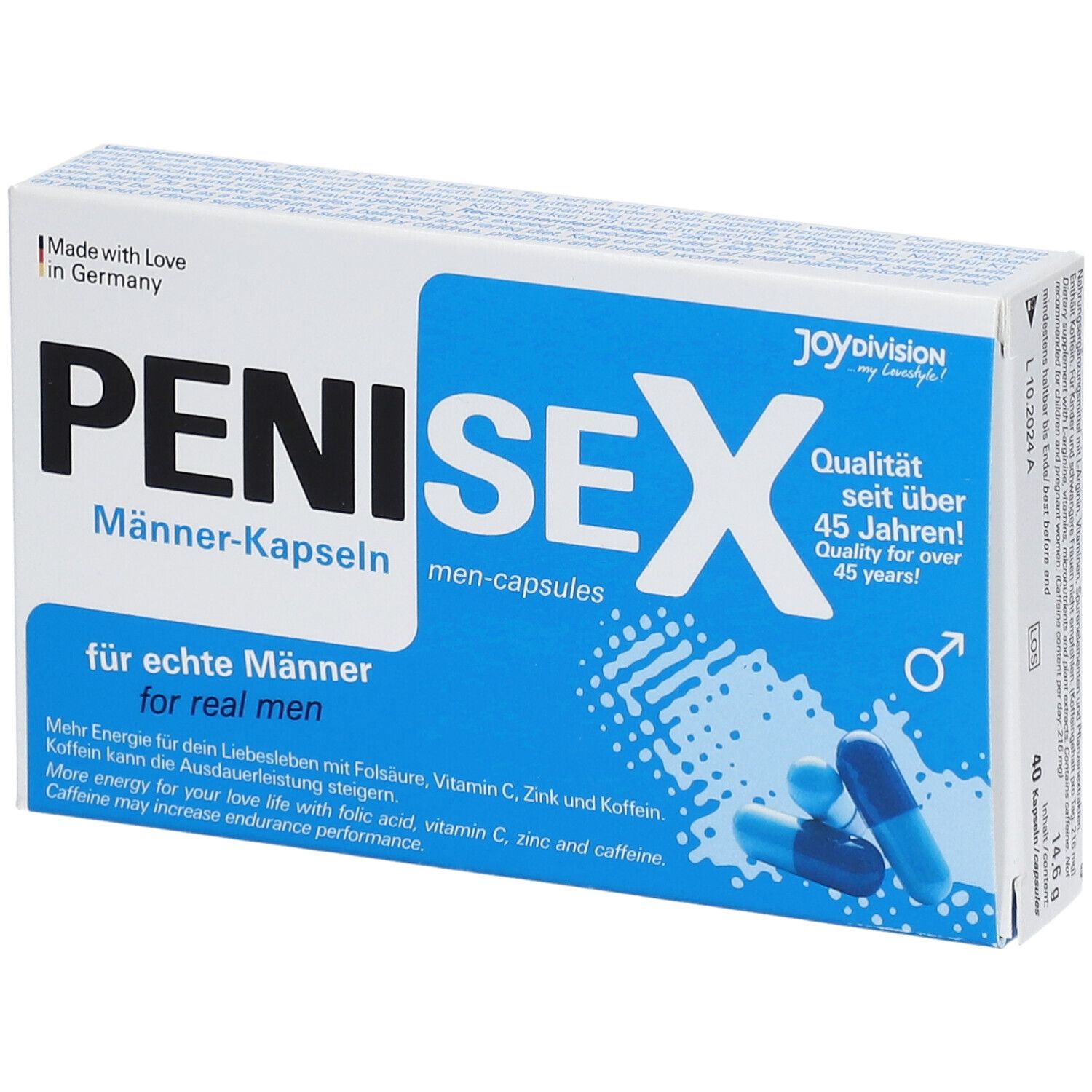 Boîte de gélules PENISEX pour hommes. Gélules bleues et blanches à côté. Texte : pour les vrais hommes.