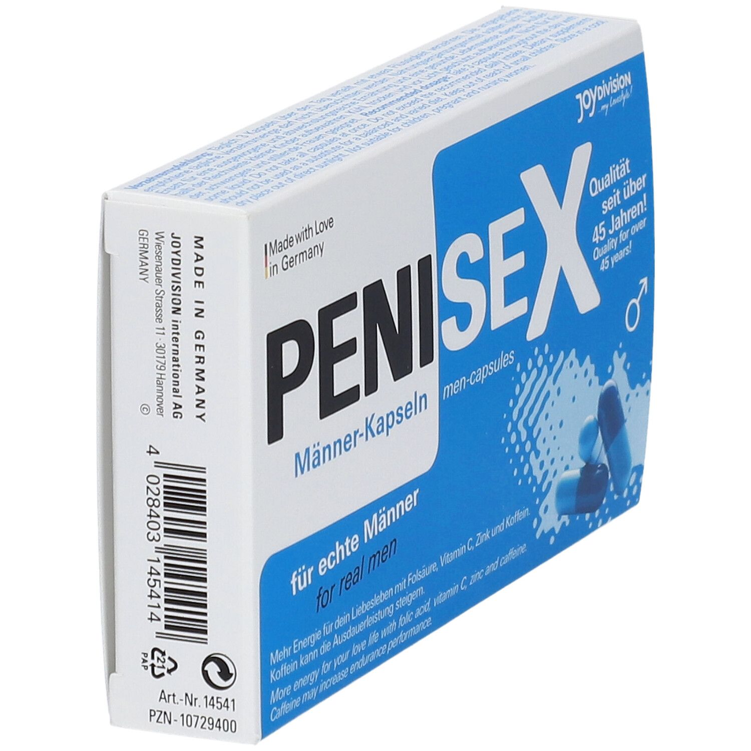 Boîte de gélules PENISEX pour hommes, en biais. Gélules bleues et blanches. Texte : Fabriqué en Allemagne, pour les vrais hommes.