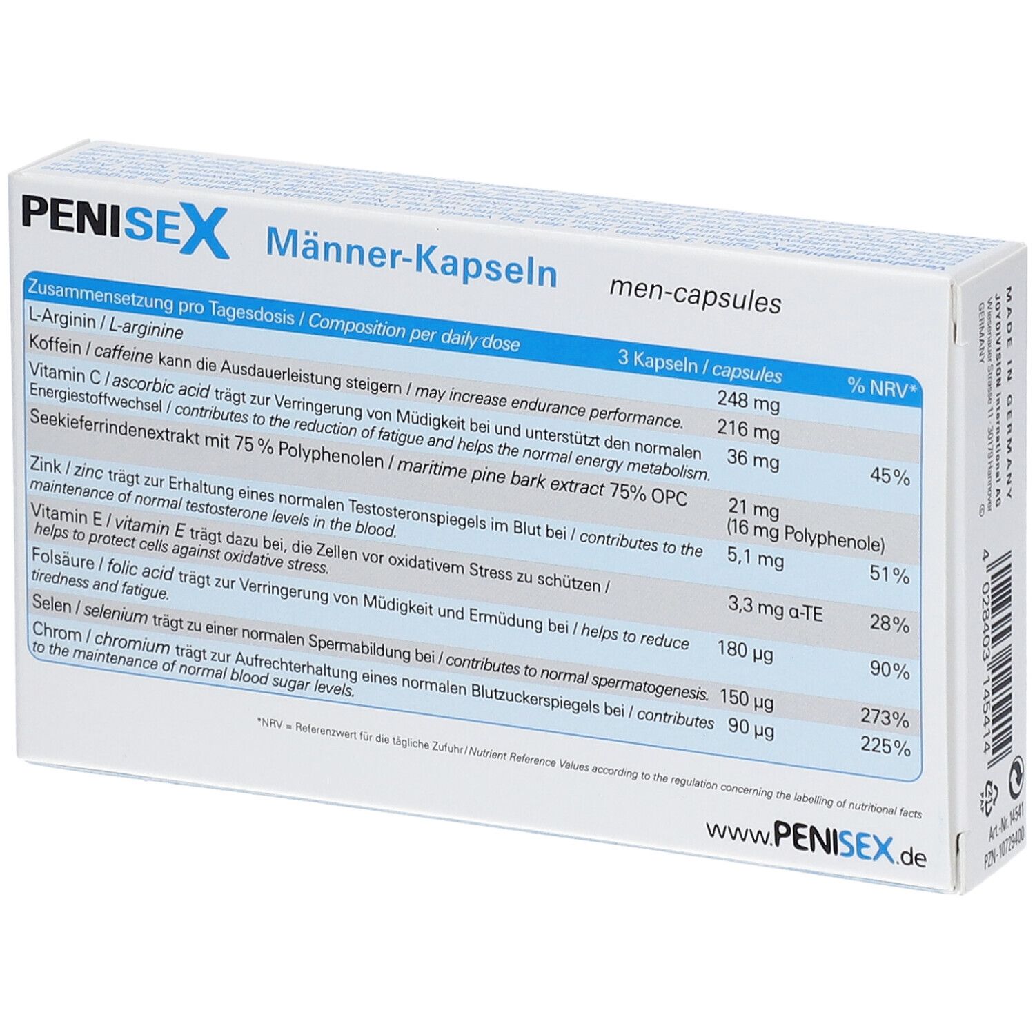 Dos de la boîte de gélules PENISEX pour hommes. Informations nutritionnelles et ingrédients. Texte : 3 gélules/dose quotidienne.