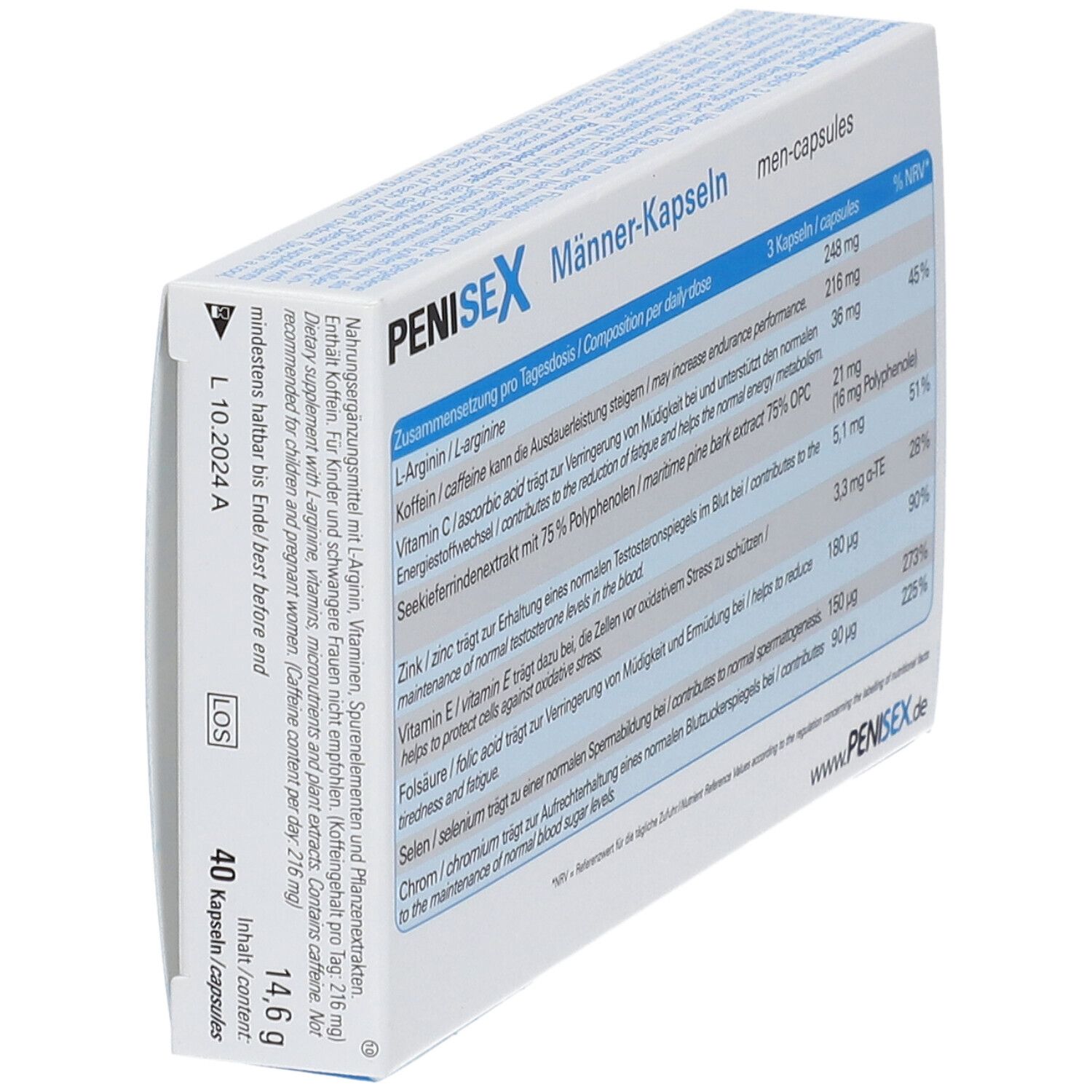 Boîte de gélules PENISEX pour hommes, en biais. Dos avec informations nutritionnelles. Texte : 40 gélules, 14,6 g.