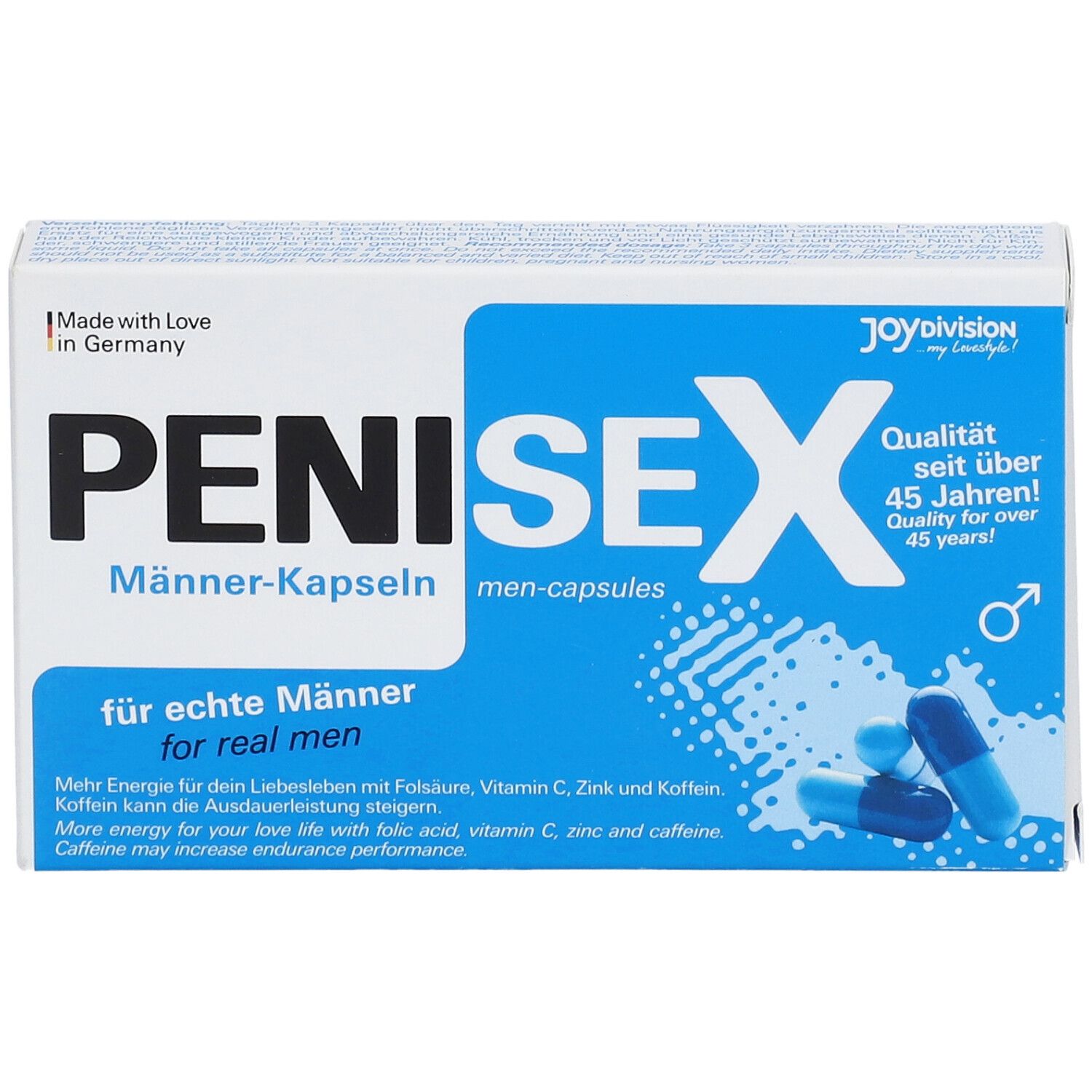 Boîte de gélules PENISEX pour hommes. Gélules bleues et blanches à côté. Texte : pour les vrais hommes.