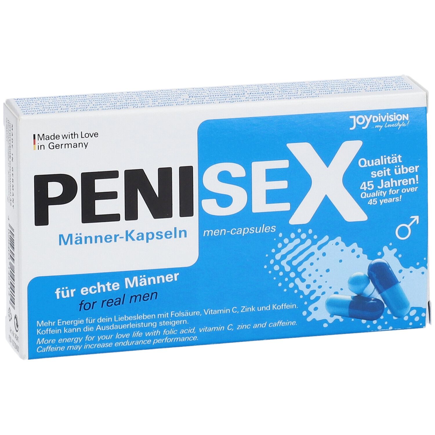 Boîte de gélules PENISEX pour hommes. Gélules bleues et blanches à côté. Texte : pour les vrais hommes.