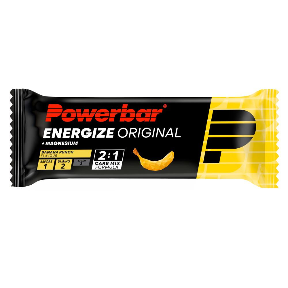 PowerBar Energize Original Banana Punch. Barre emballée noir et jaune. Contient une formule 2:1 Carb Mix et du magnésium.