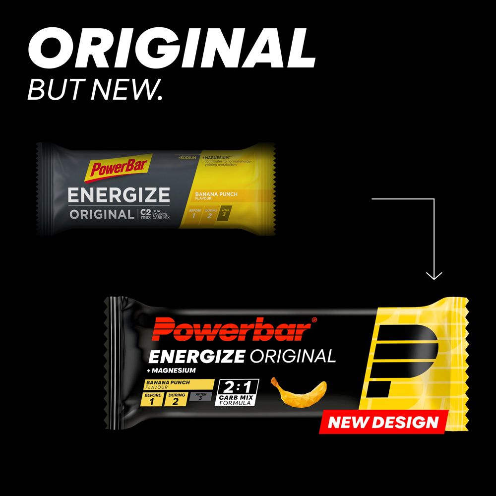PowerBar Energize Original Banana Punch. Comparaison des anciens et nouveaux emballages. Emballage noir et jaune avec nom du produit.