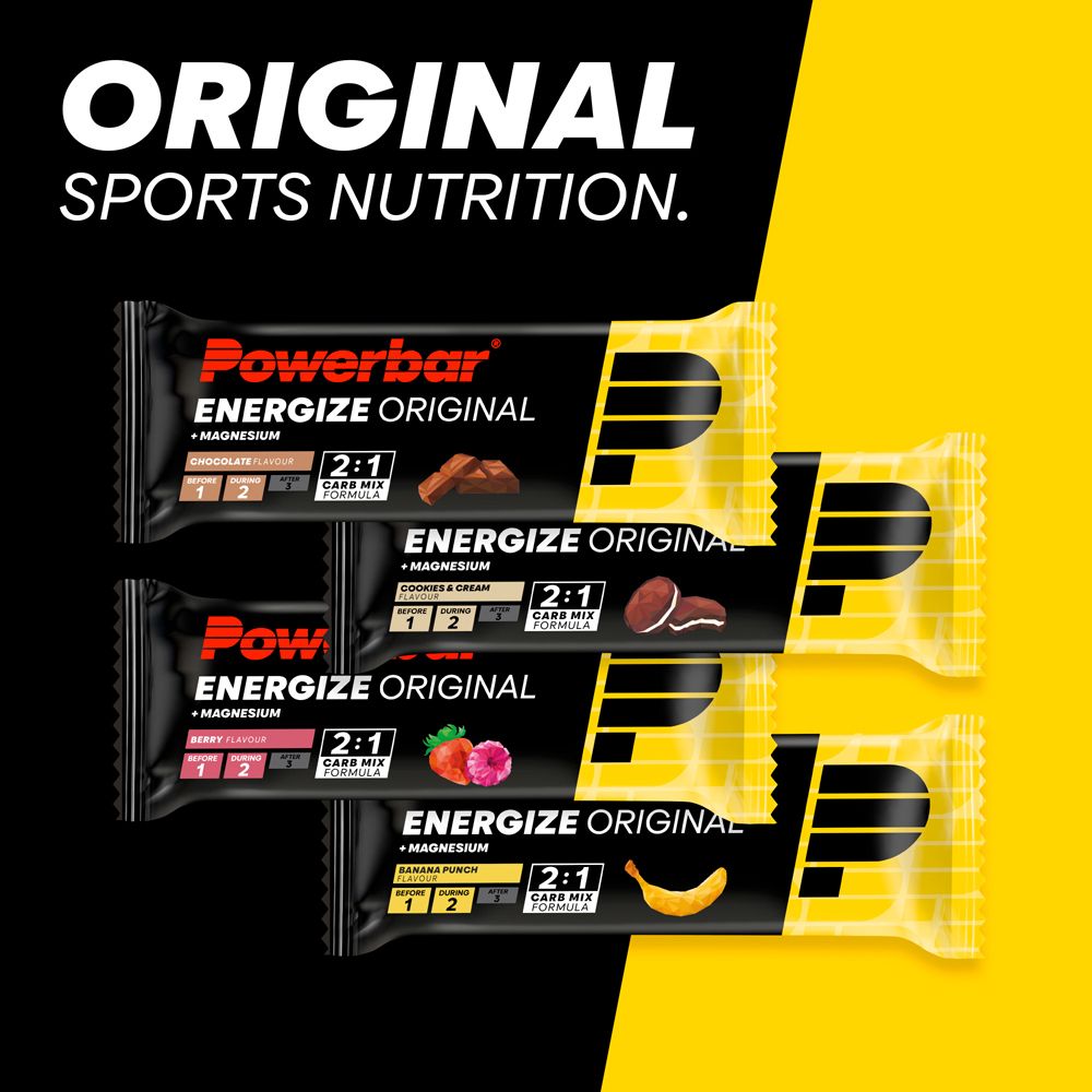 Barres PowerBar Energize Original en différents parfums. Emballage noir et jaune. Formule 2:1 Carb Mix.