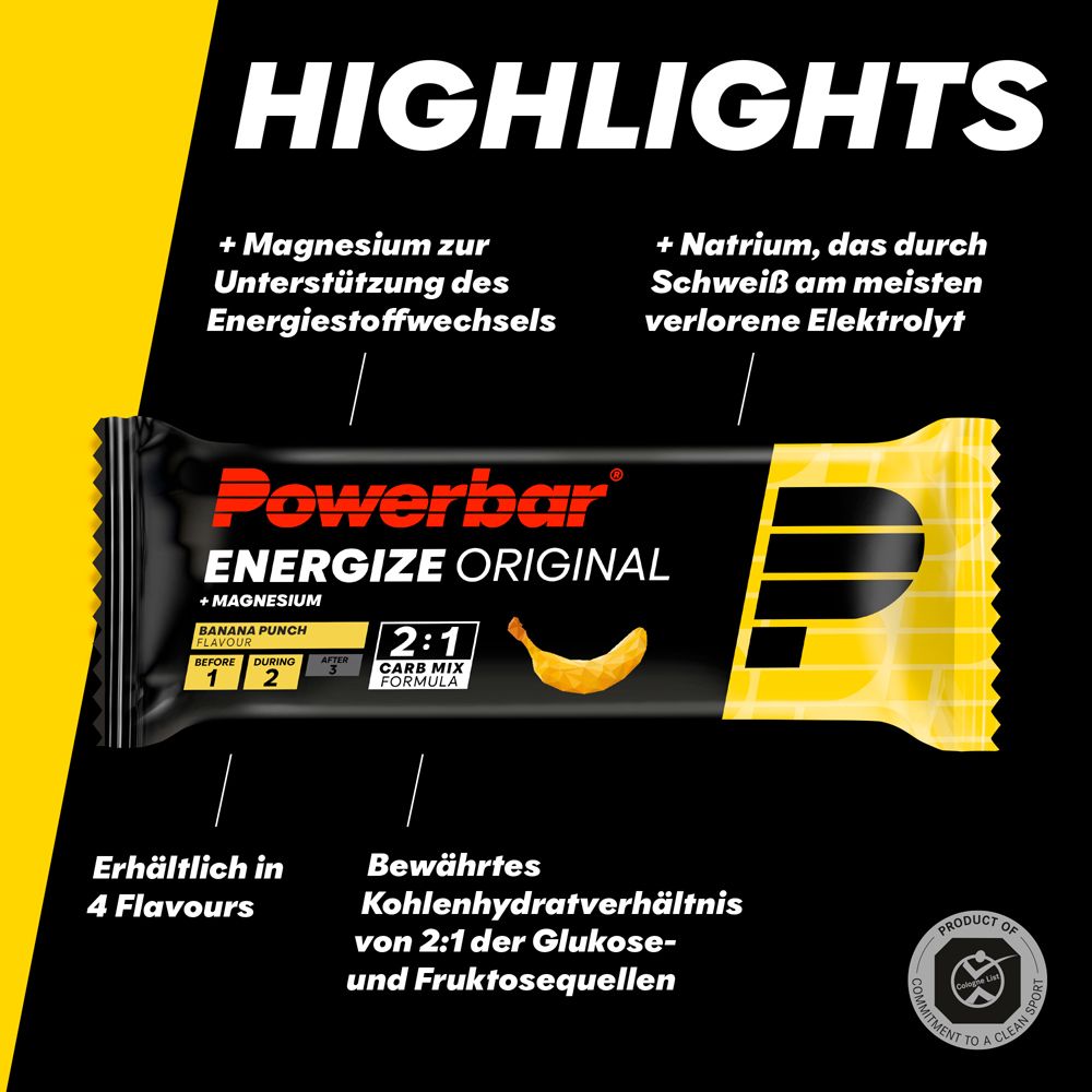 PowerBar Energize Original Banana Punch. Barre avec points forts. Contient du magnésium et du sodium. Formule 2:1 Carb Mix.