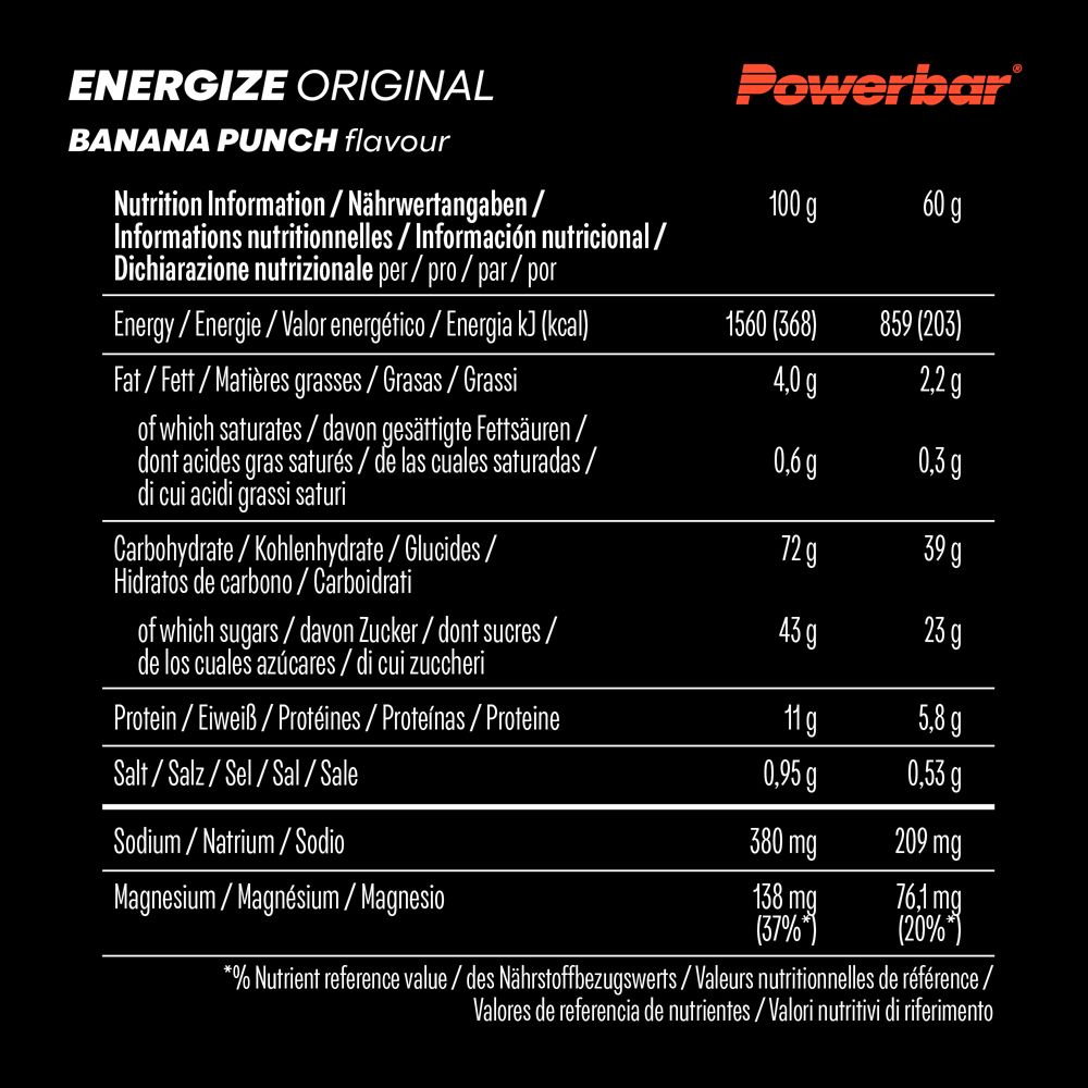 Tableau nutritionnel pour PowerBar Energize Original Banana Punch. Informations sur l'énergie, les graisses, les glucides, les protéines et le sel.