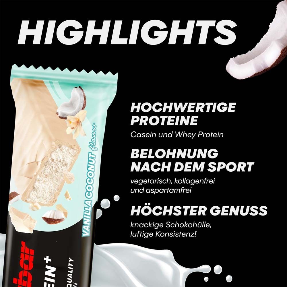Barre PowerBar 30% Protein Plus Vanille Noix de Coco. Texte : 'HIGHLIGHTS' et avantages du produit. Noix de coco et éclaboussures de lait.