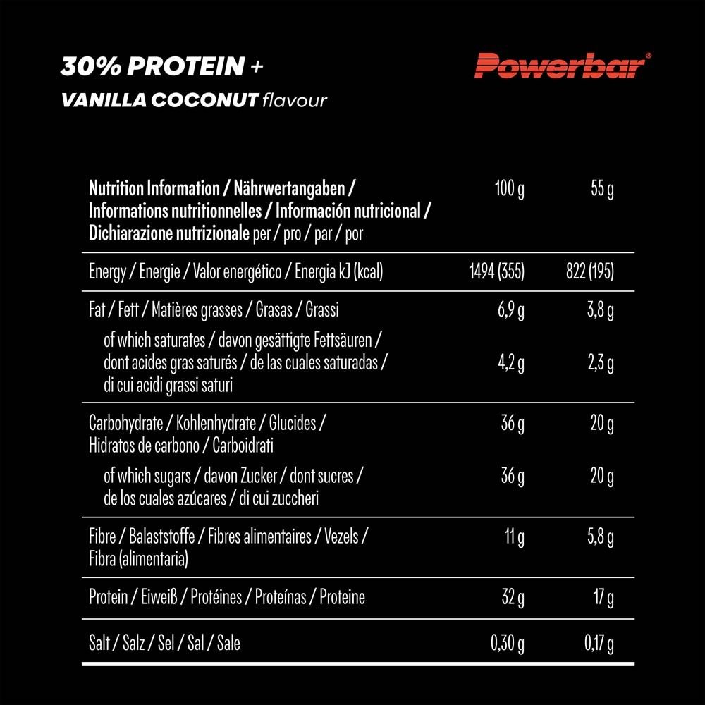 Informations nutritionnelles pour PowerBar 30% Protein Plus Vanille Noix de Coco. Fond noir avec texte blanc.