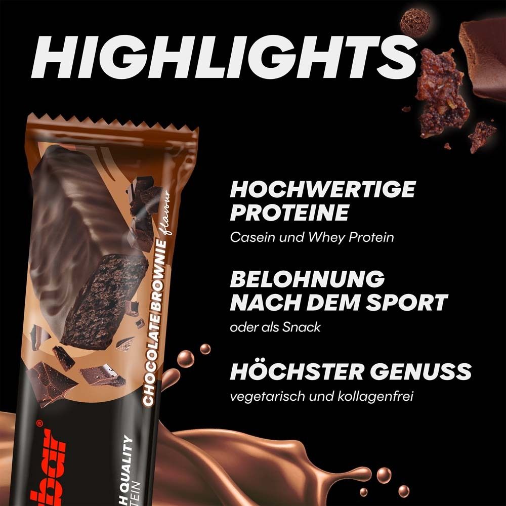 Powerbar PROTEIN+ LOW SUGAR CHOCOLATE BROWNIE. Texte: 'PROTÉINES DE HAUTE QUALITÉ', 'RÉCOMPENSE APRÈS LE SPORT', 'PLAISIR MAXIMAL'.
