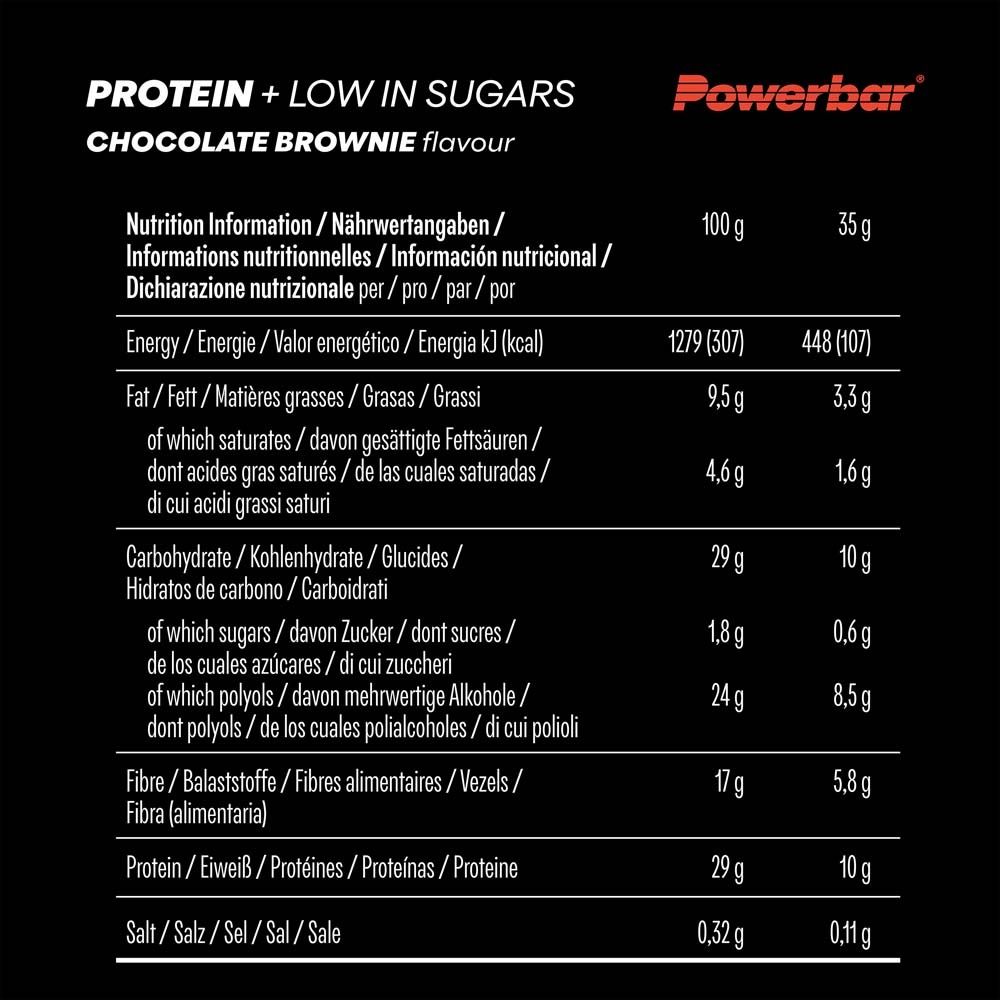 Informations nutritionnelles pour Powerbar PROTEIN+ LOW SUGAR CHOCOLATE BROWNIE. Tableau avec informations nutritionnelles par portion.