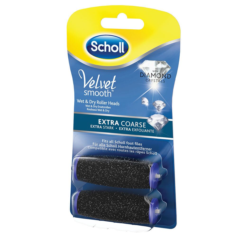 Recharges pour râpe à pieds. Rouleaux noirs avec cristaux de diamant. Emballage avec nom du produit et de la marque.
