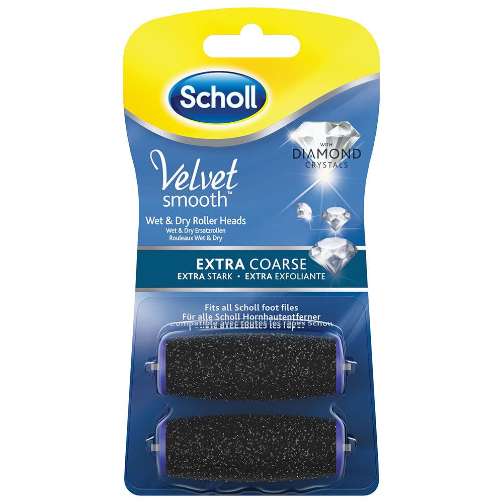 Deux recharges pour râpe à pieds. Rouleaux noirs avec cristaux de diamant. Emballage avec nom du produit et de la marque.