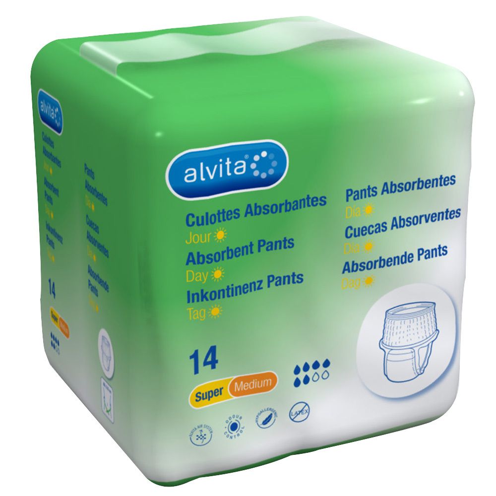 Emballage vert alvita® Inkontinenzpants. 14 culottes, Super Medium. Inscriptions multilingues.